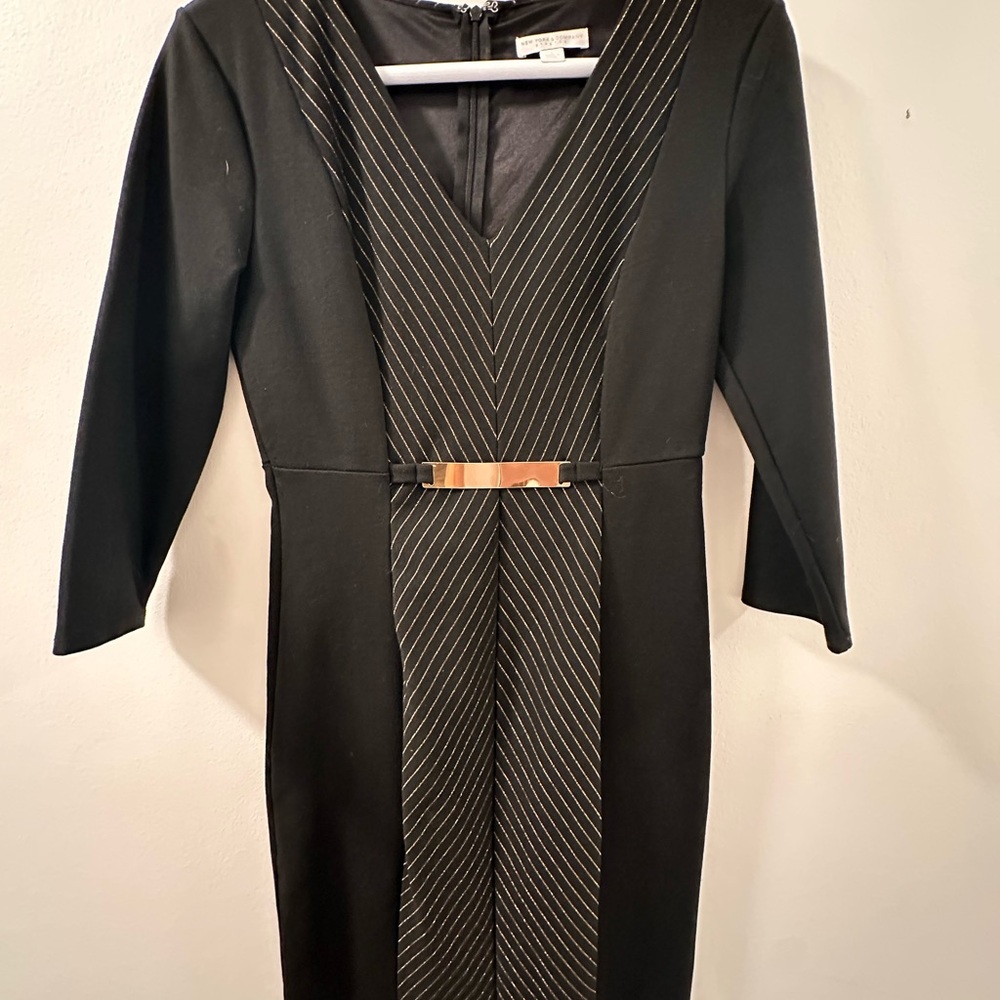 New York and Company Stretch Elegant Black Dress with Gold Accents Sz S